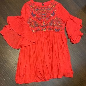 Umgee. Boho mini bell sleeve red dress with multicolored embroidery